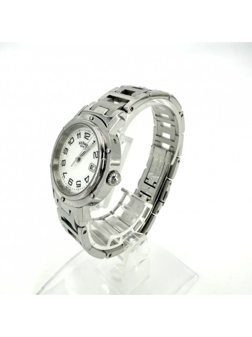 Hermes Watch Clipper Arabia Date SS White Dial Quartz Stainless Steel Shell